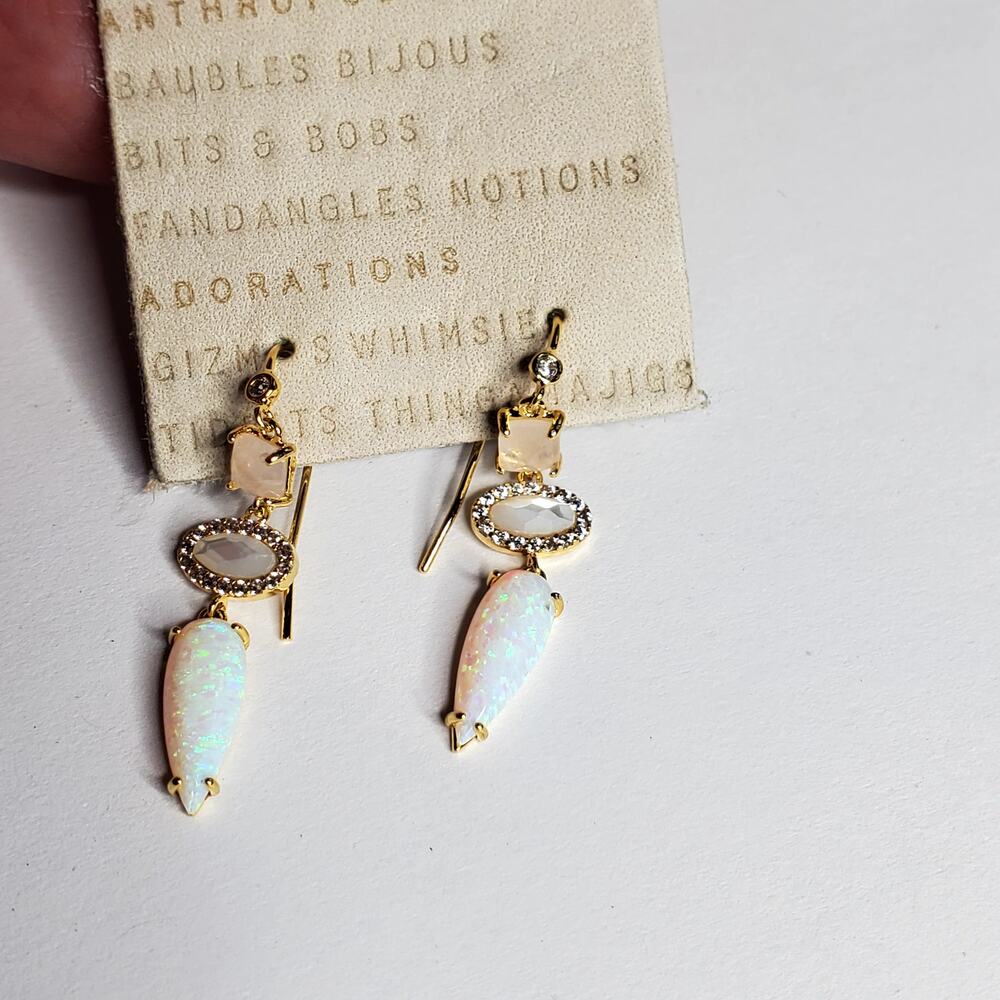 Anthropologie 3 tiered stone 1 drop Hook earrings Gold over brass New with Tags